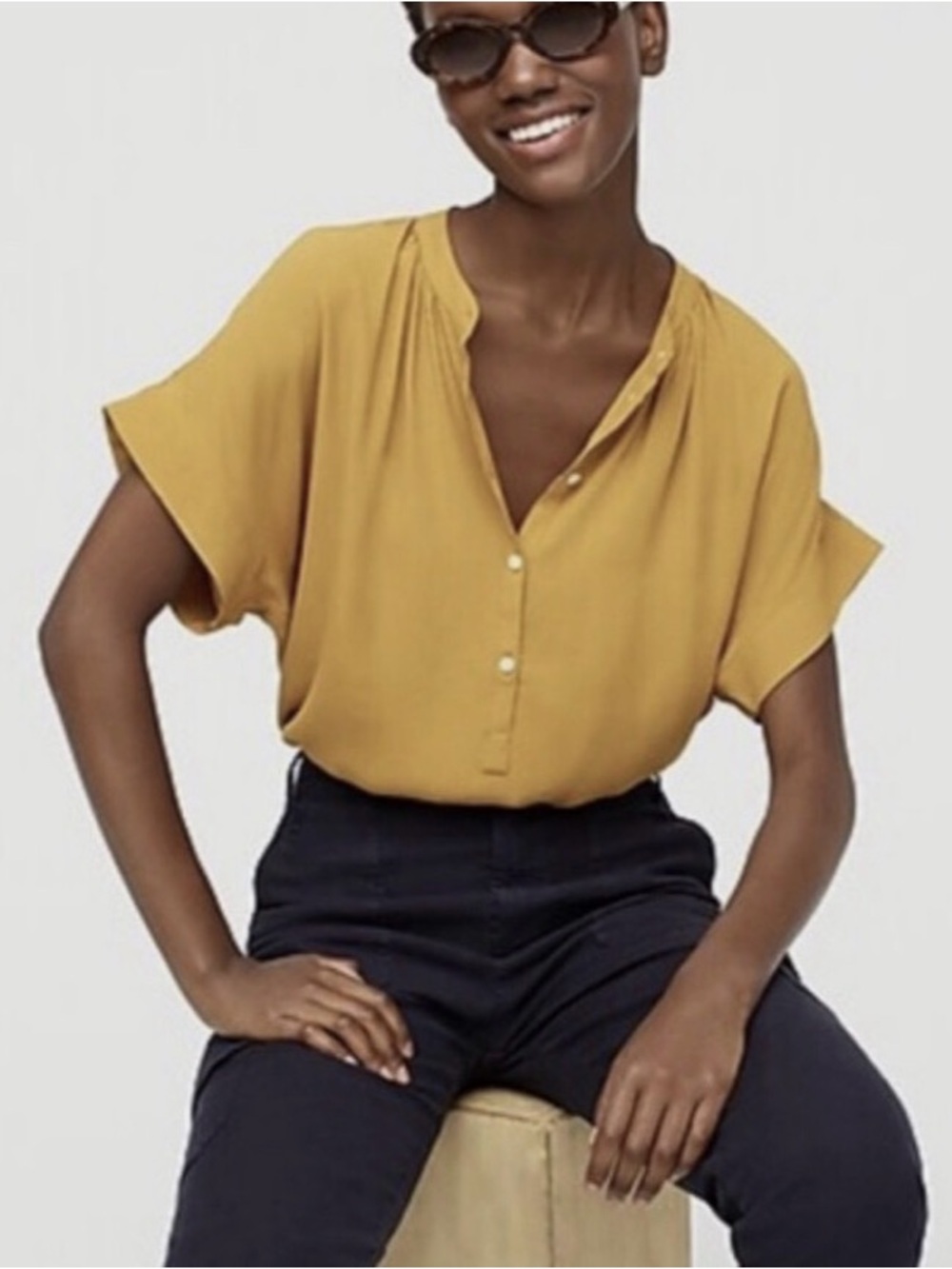 Point Sur from J Crew Casual Button-Front Short-Sleeve Top in Mustard